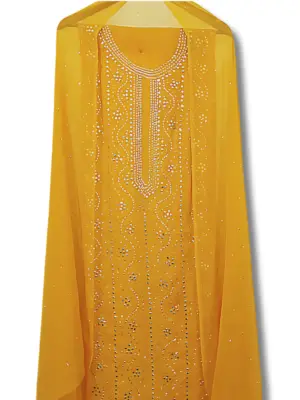 Yellow Crinkle Chiffon Mukaish Work 2 piece Suit