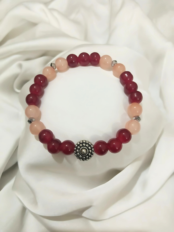 Maroon and Peach Bracelet with Silver Beads